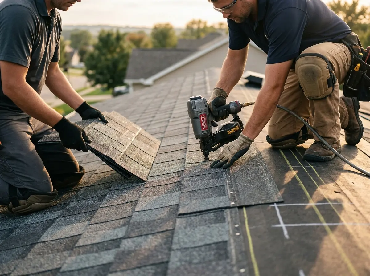 Professional roofer working on a residential roof in Chesterland
